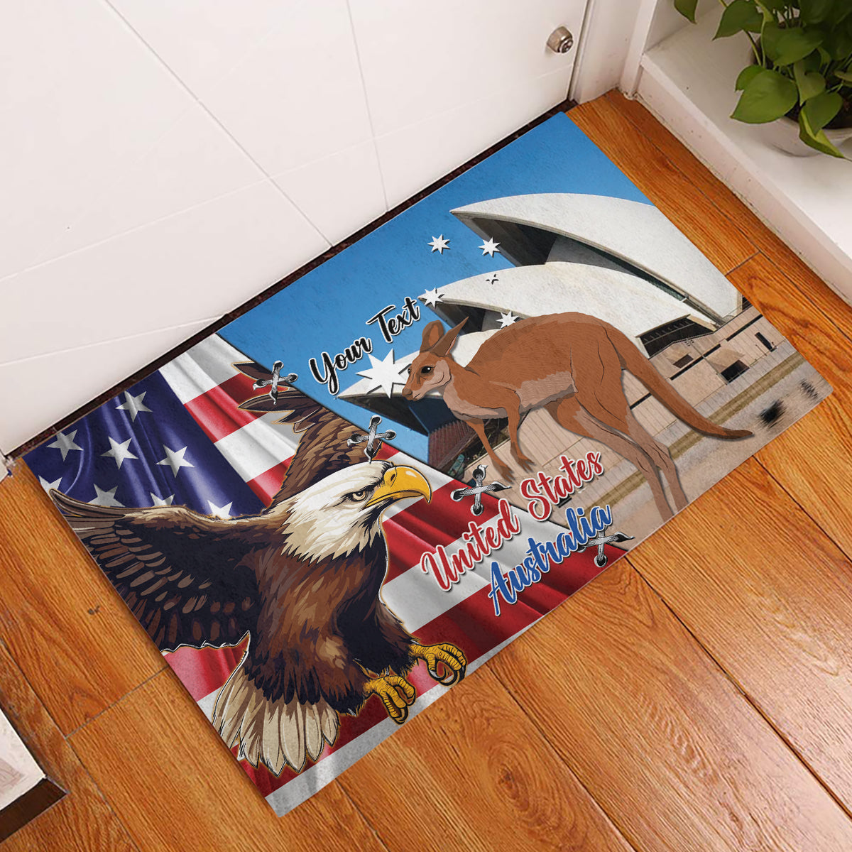 Personalised United States And Australia Rubber Doormat USA Eagle With Aussie Kangaroo - Wonder Print Shop