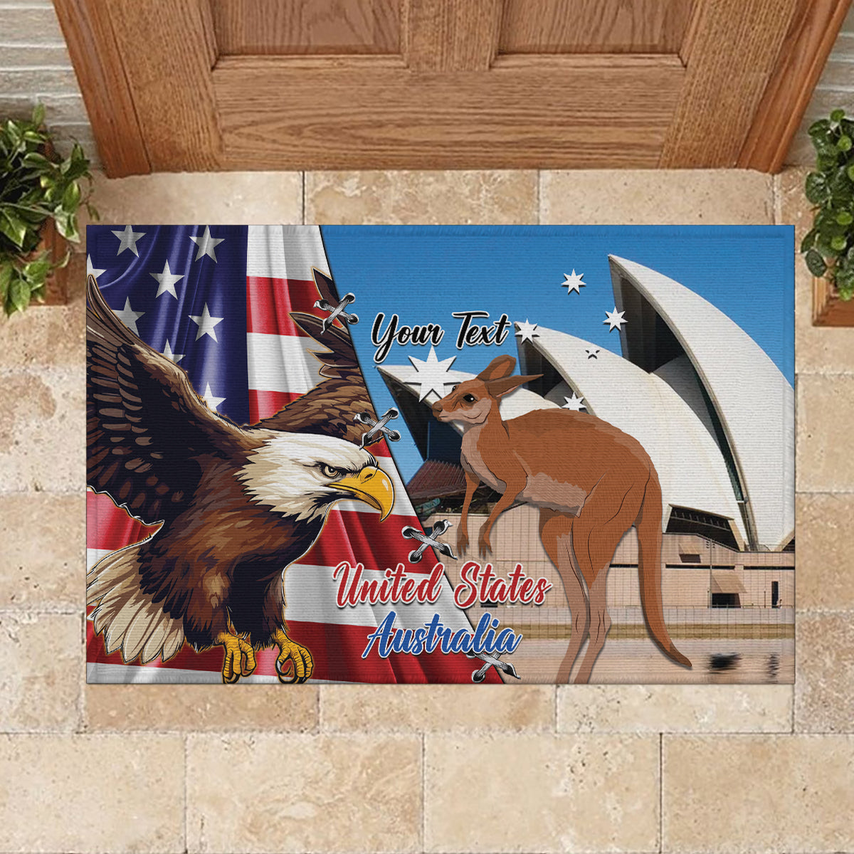 Personalised United States And Australia Rubber Doormat USA Eagle With Aussie Kangaroo - Wonder Print Shop