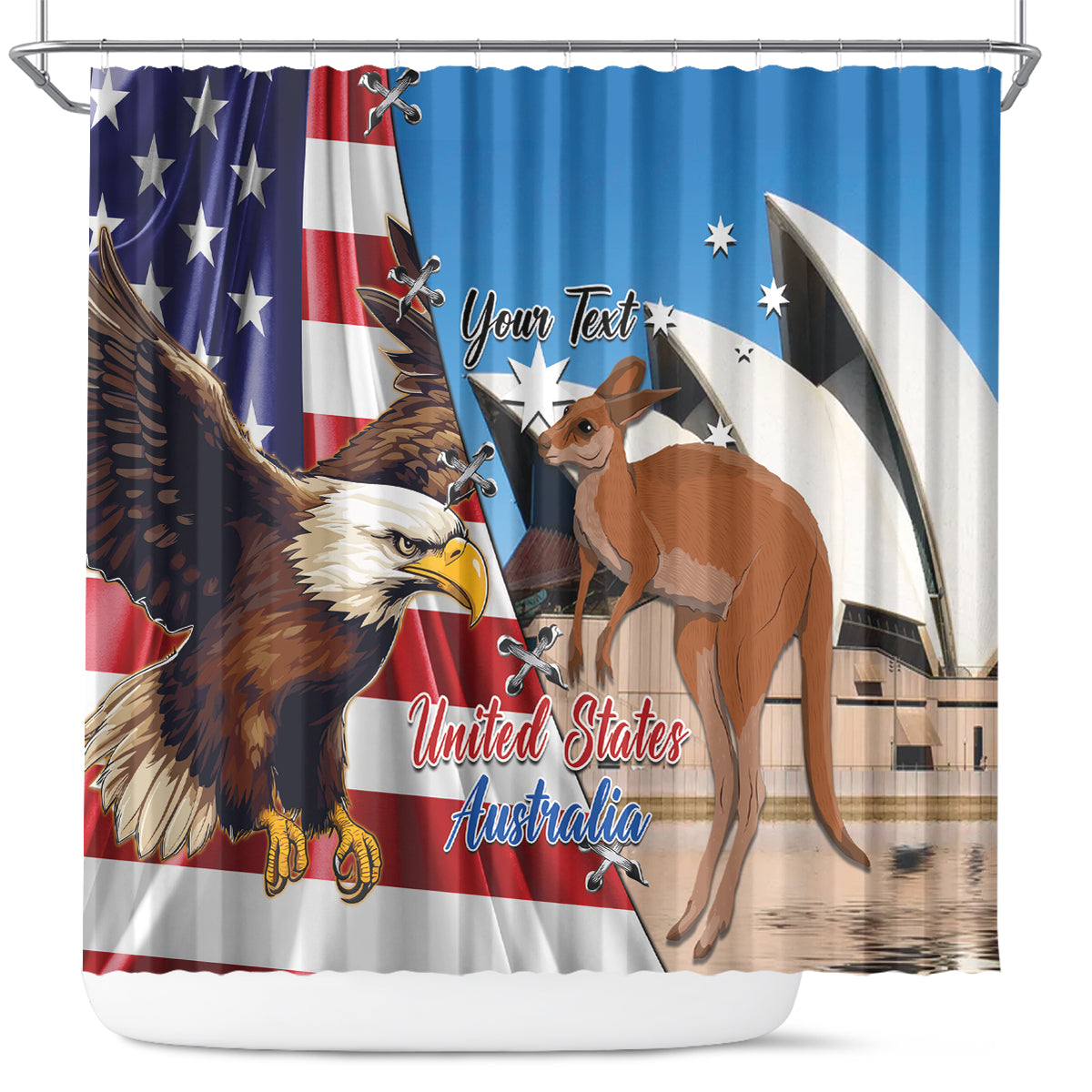 Personalised United States And Australia Shower Curtain USA Eagle With Aussie Kangaroo