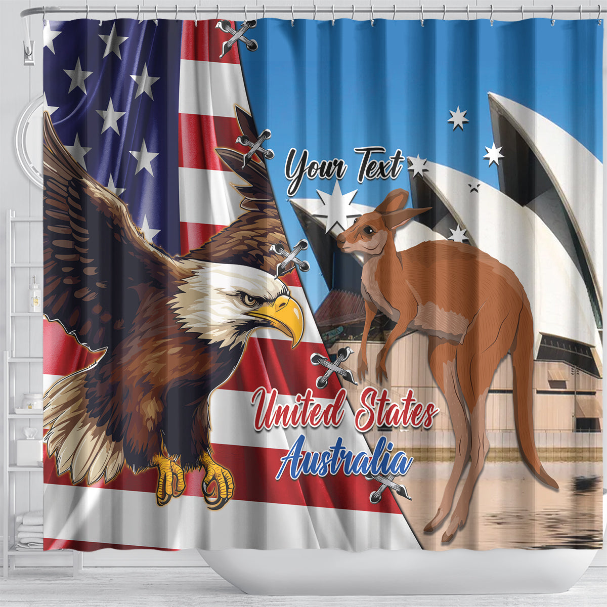 Personalised United States And Australia Shower Curtain USA Eagle With Aussie Kangaroo
