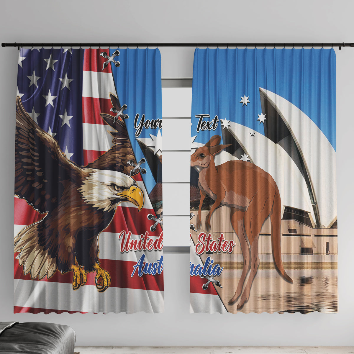 Personalised United States And Australia Window Curtain USA Eagle With Aussie Kangaroo - Wonder Print Shop