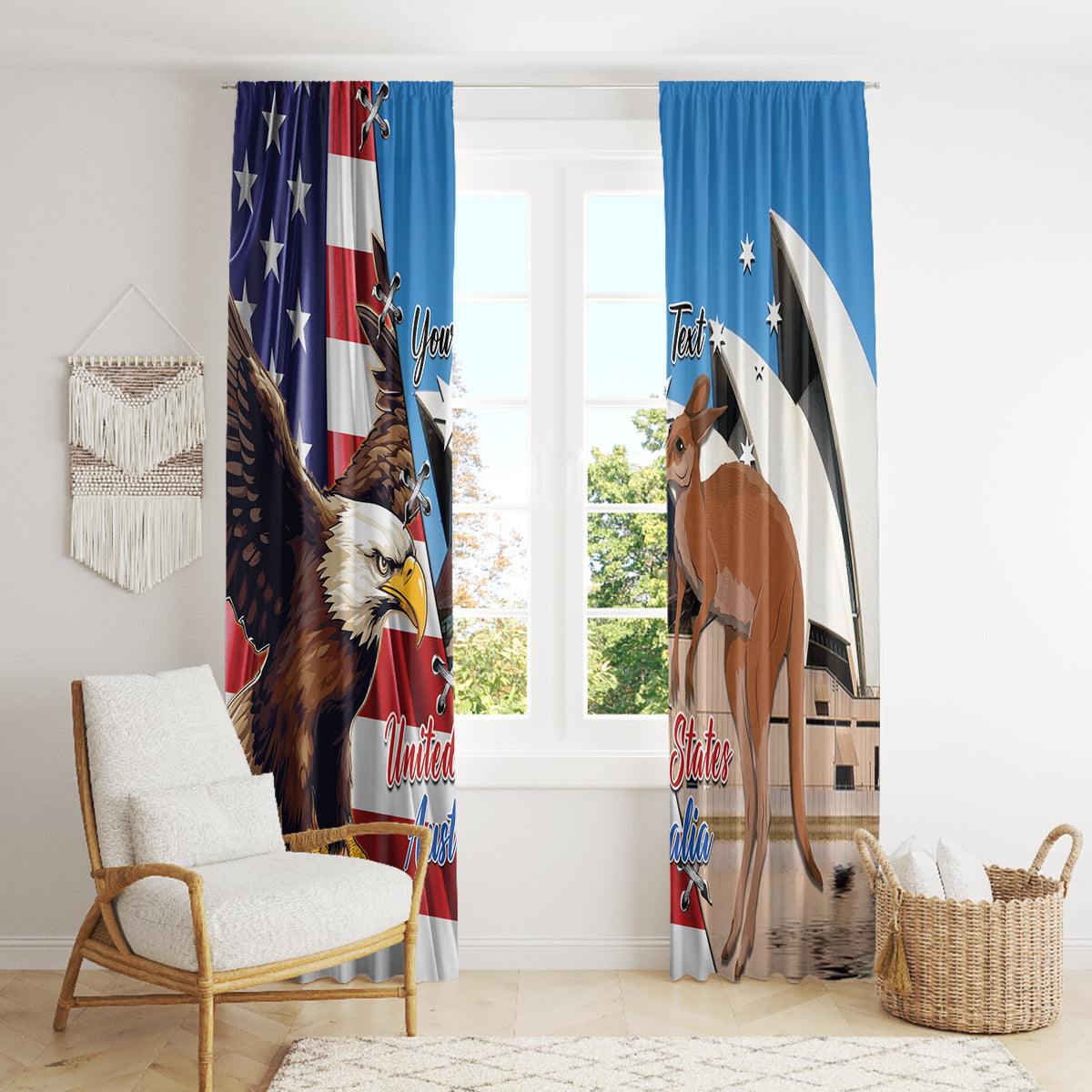 Personalised United States And Australia Window Curtain USA Eagle With Aussie Kangaroo - Wonder Print Shop