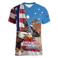 Personalised United States And Australia Women V Neck T Shirt USA Eagle With Aussie Kangaroo - Wonder Print Shop