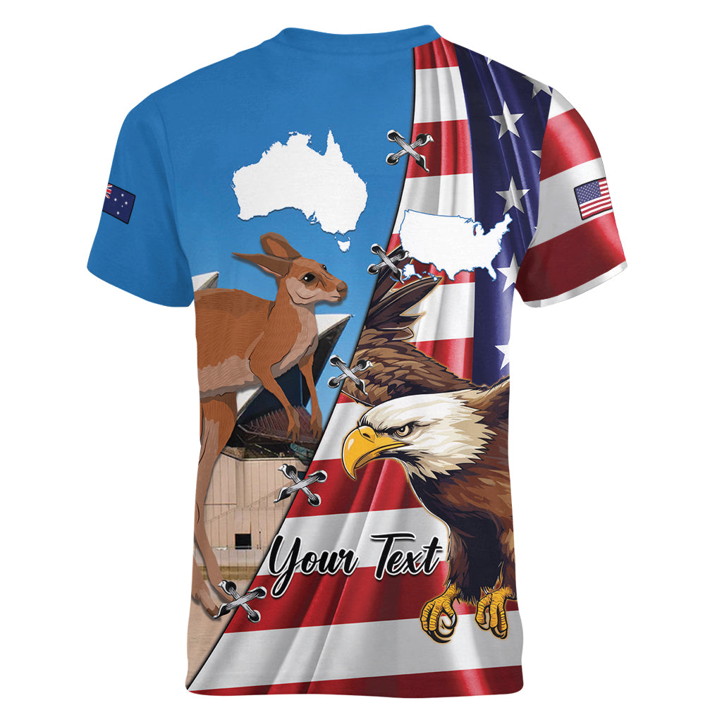 Personalised United States And Australia Women V Neck T Shirt USA Eagle With Aussie Kangaroo - Wonder Print Shop