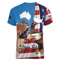 Personalised United States And Australia Women V Neck T Shirt USA Eagle With Aussie Kangaroo - Wonder Print Shop