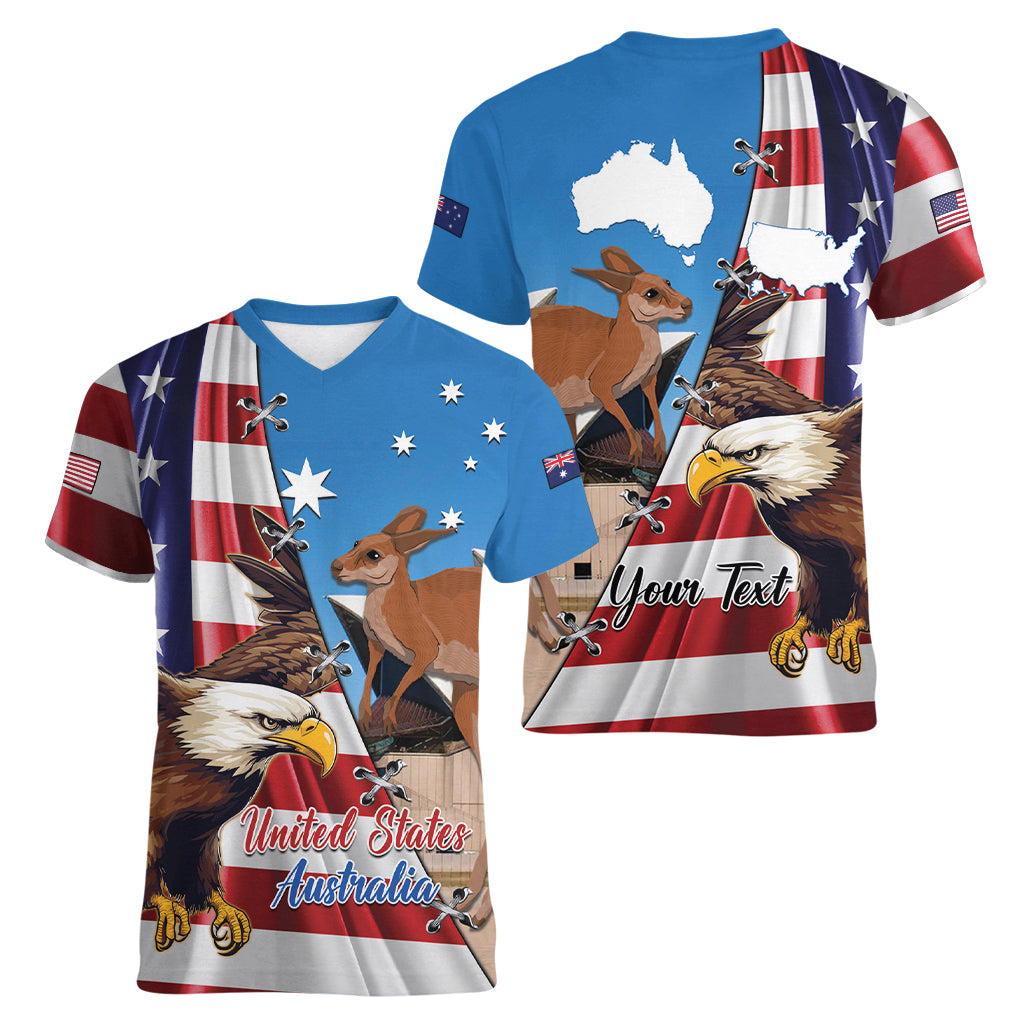 Personalised United States And Australia Women V Neck T Shirt USA Eagle With Aussie Kangaroo - Wonder Print Shop
