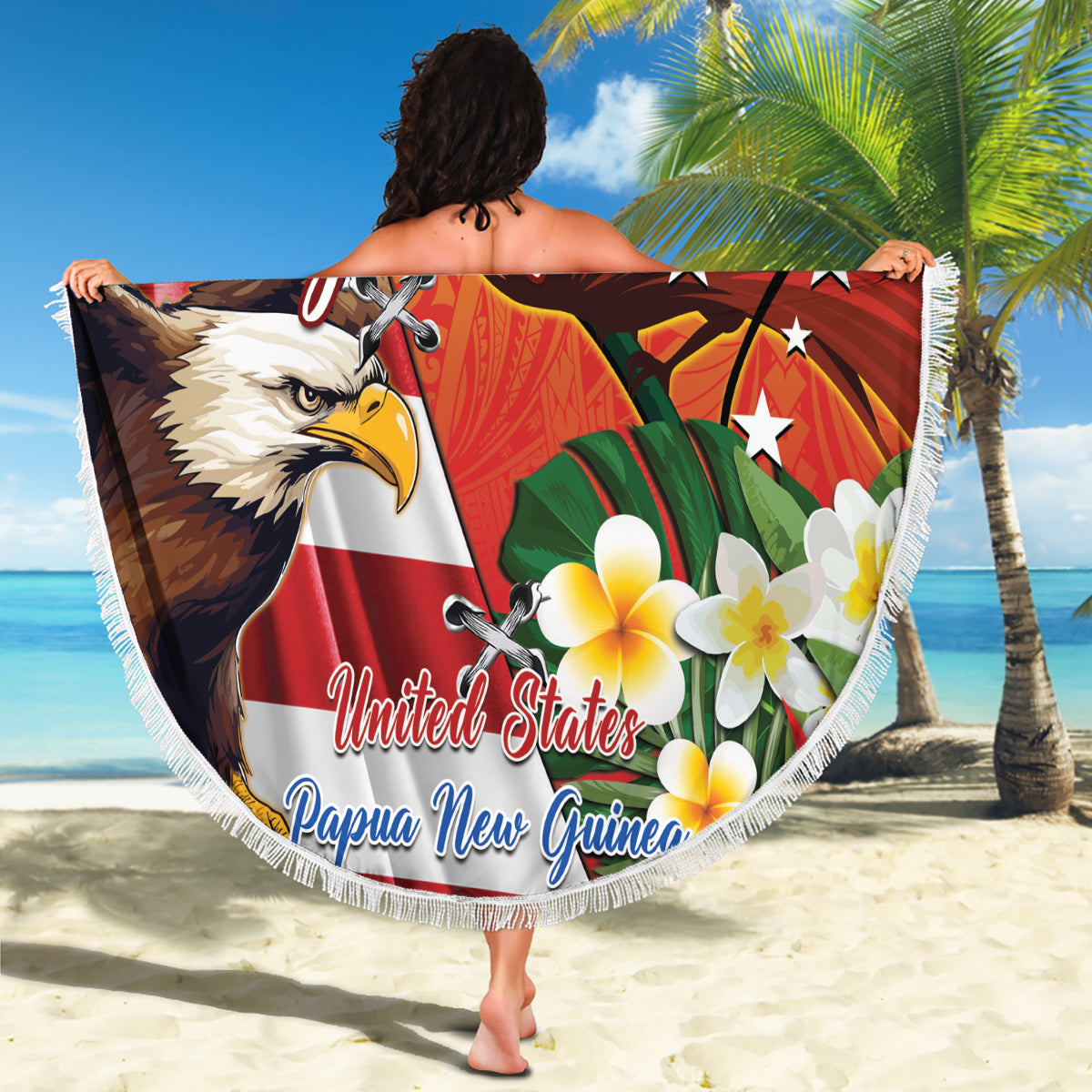 Personalised United States And Papua New Guinea Beach Blanket USA Eagle With PNG Bird Of Paradise - Wonder Print Shop