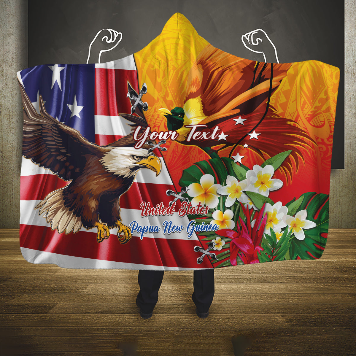 Personalised United States And Papua New Guinea Hooded Blanket USA Eagle With PNG Bird Of Paradise