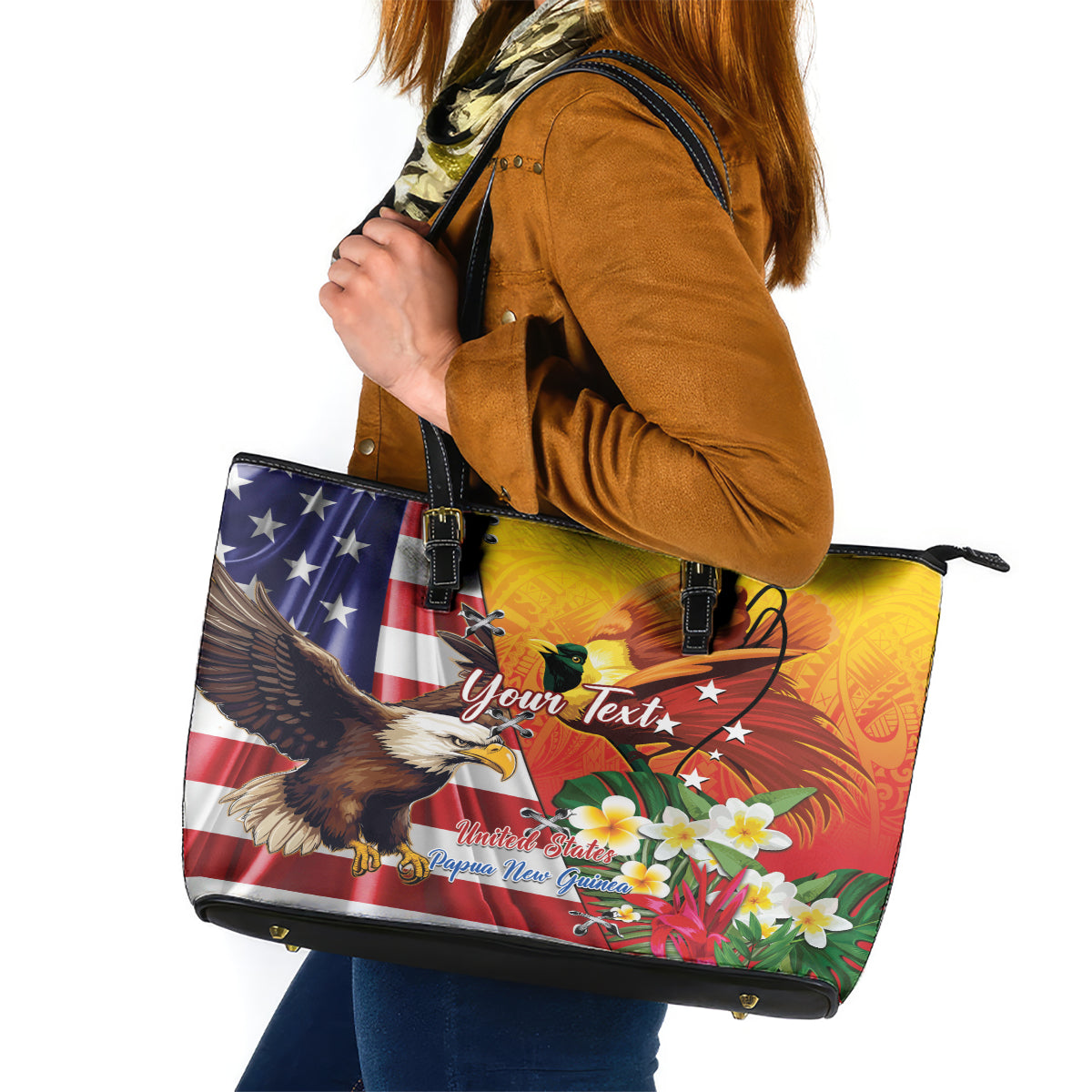 Personalised United States And Papua New Guinea Leather Tote Bag USA Eagle With PNG Bird Of Paradise