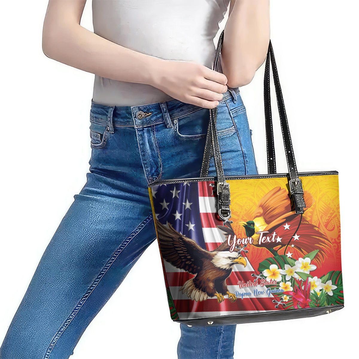 Personalised United States And Papua New Guinea Leather Tote Bag USA Eagle With PNG Bird Of Paradise - Wonder Print Shop