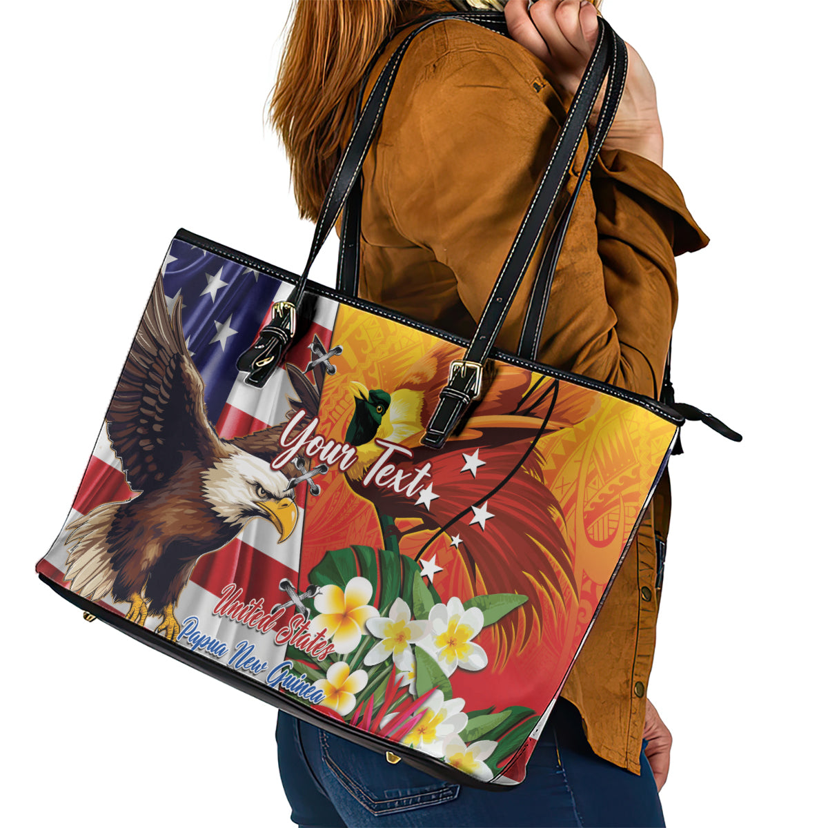 Personalised United States And Papua New Guinea Leather Tote Bag USA Eagle With PNG Bird Of Paradise - Wonder Print Shop