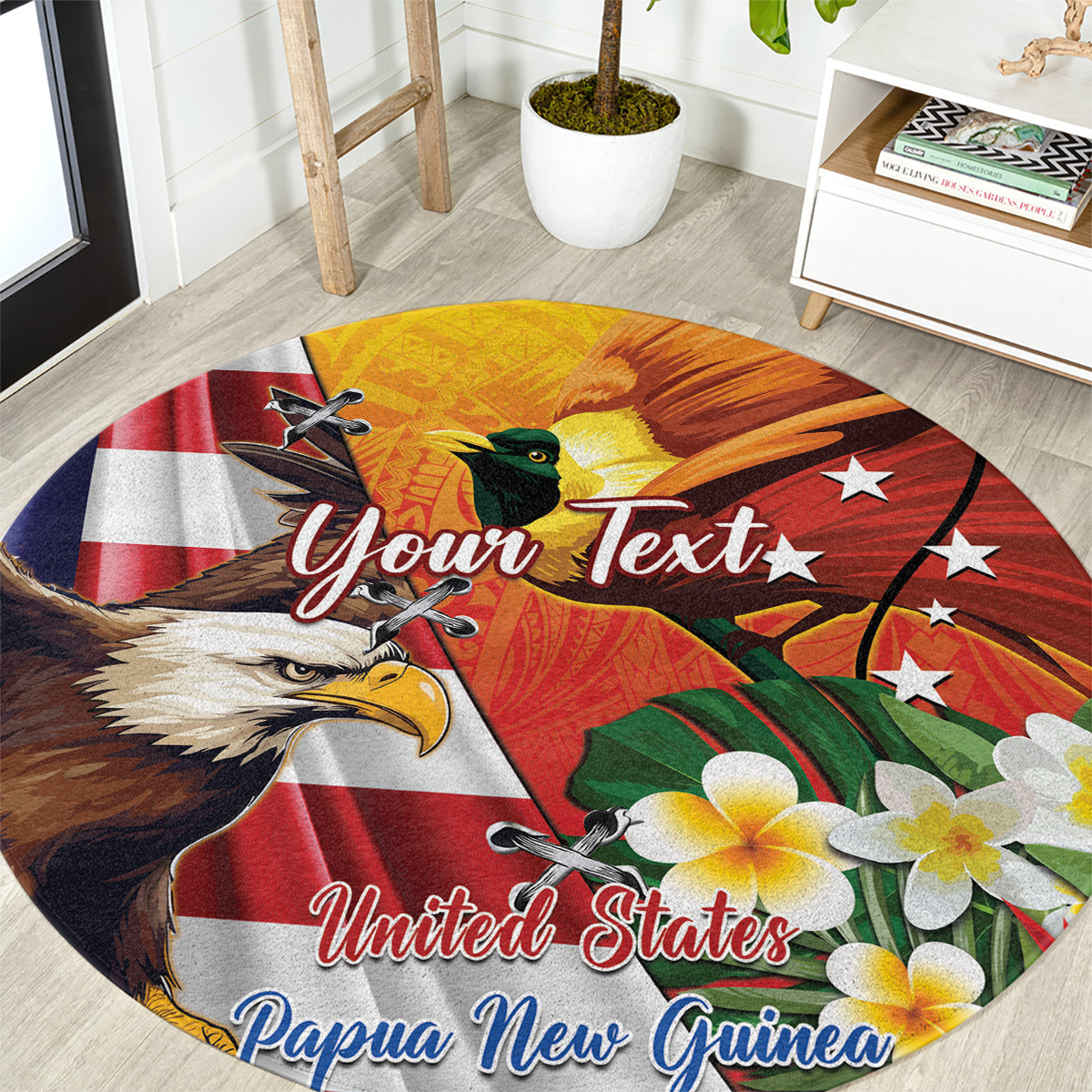 Personalised United States And Papua New Guinea Round Carpet USA Eagle With PNG Bird Of Paradise
