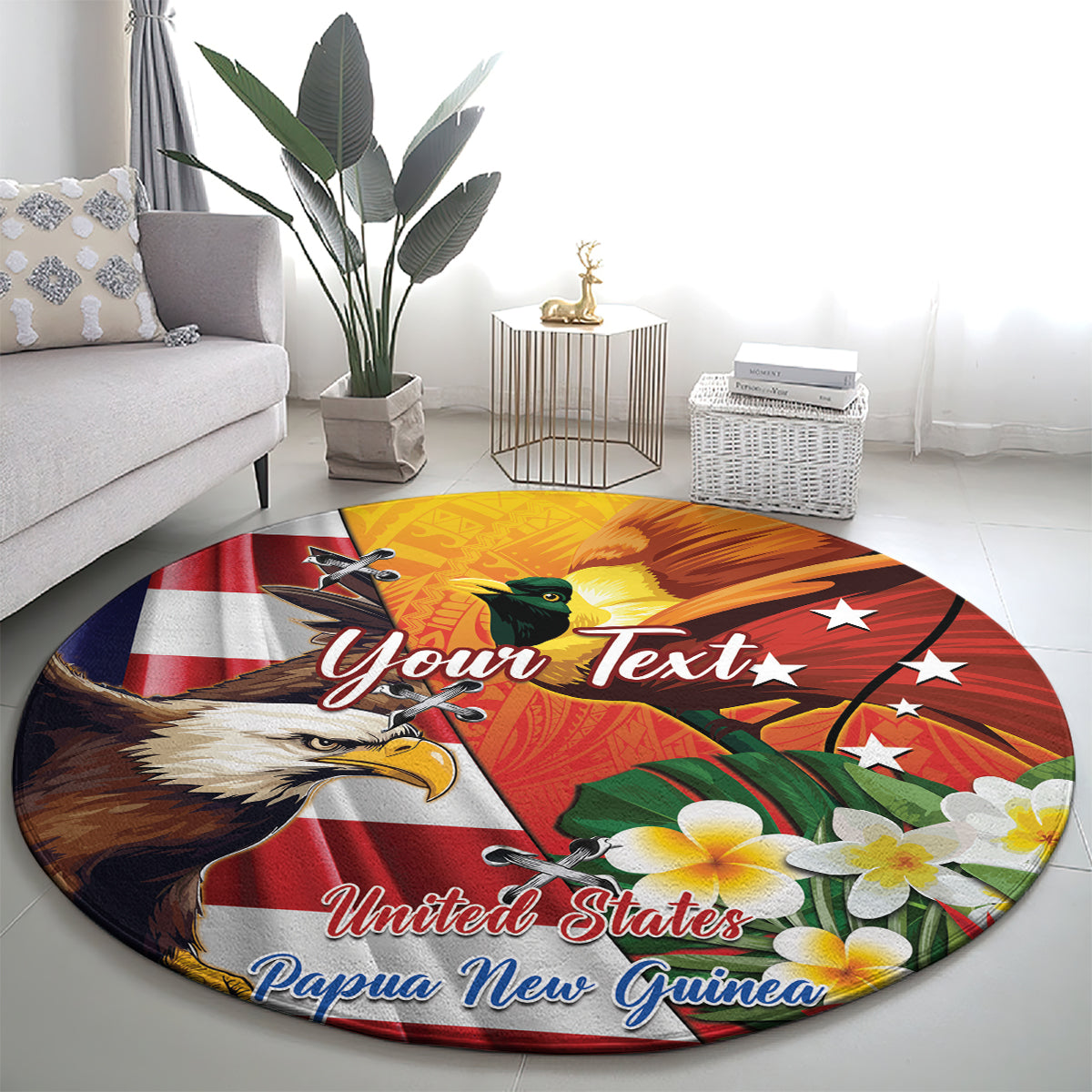 Personalised United States And Papua New Guinea Round Carpet USA Eagle With PNG Bird Of Paradise