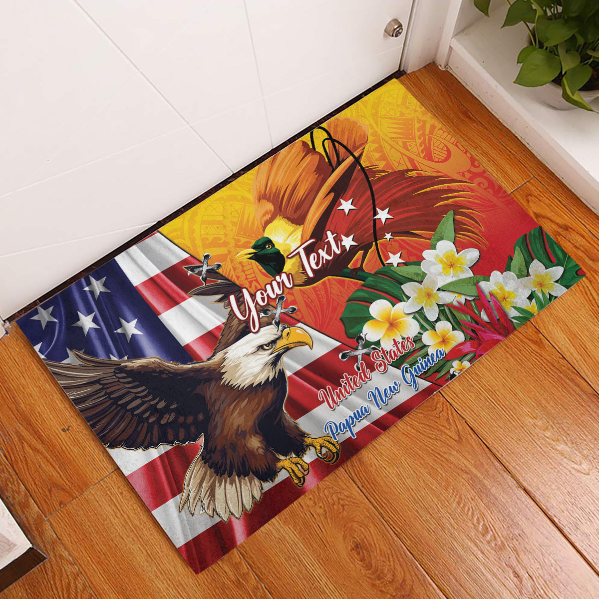 Personalised United States And Papua New Guinea Rubber Doormat USA Eagle With PNG Bird Of Paradise