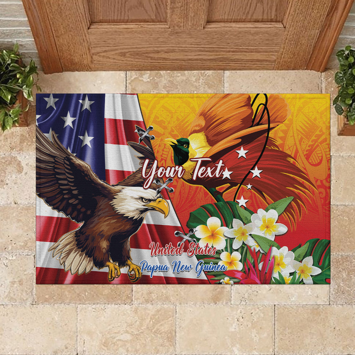 Personalised United States And Papua New Guinea Rubber Doormat USA Eagle With PNG Bird Of Paradise - Wonder Print Shop