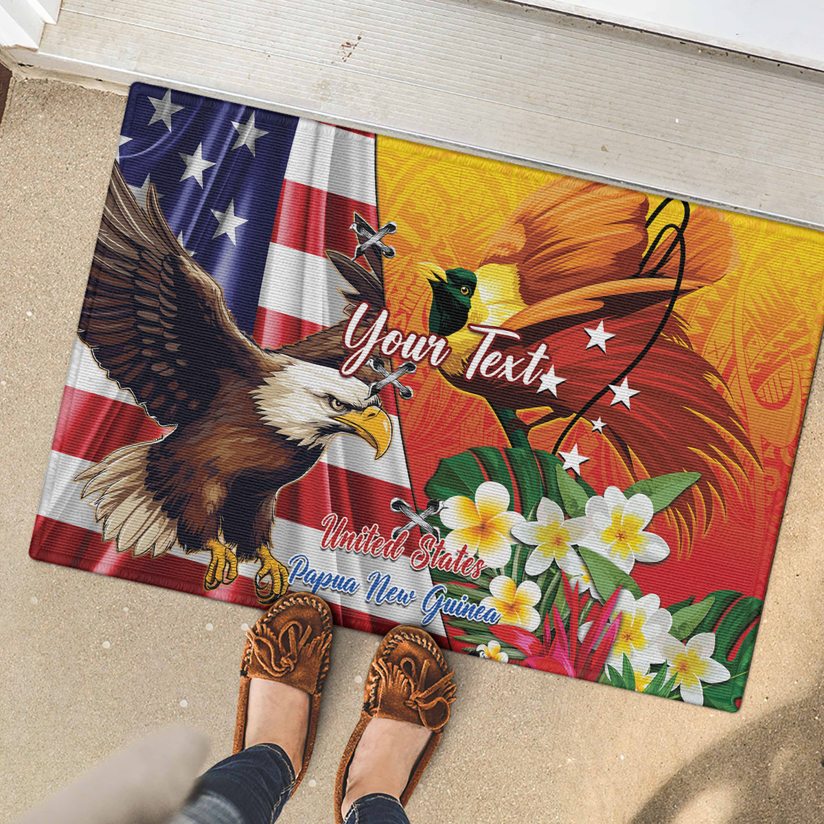 Personalised United States And Papua New Guinea Rubber Doormat USA Eagle With PNG Bird Of Paradise - Wonder Print Shop