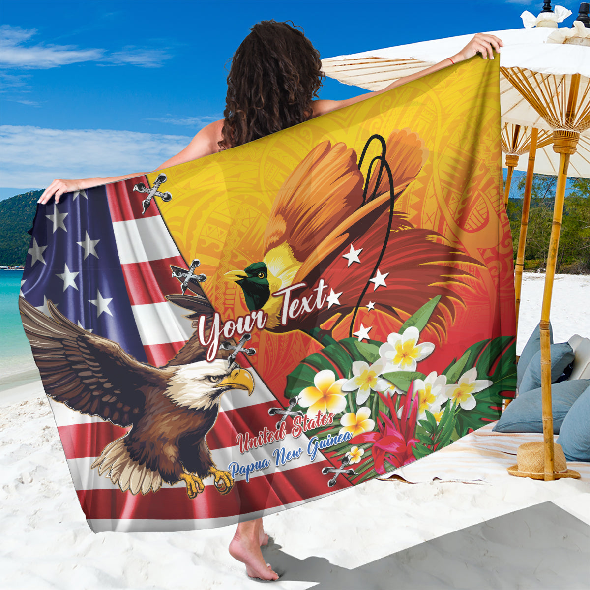 Personalised United States And Papua New Guinea Sarong USA Eagle With PNG Bird Of Paradise