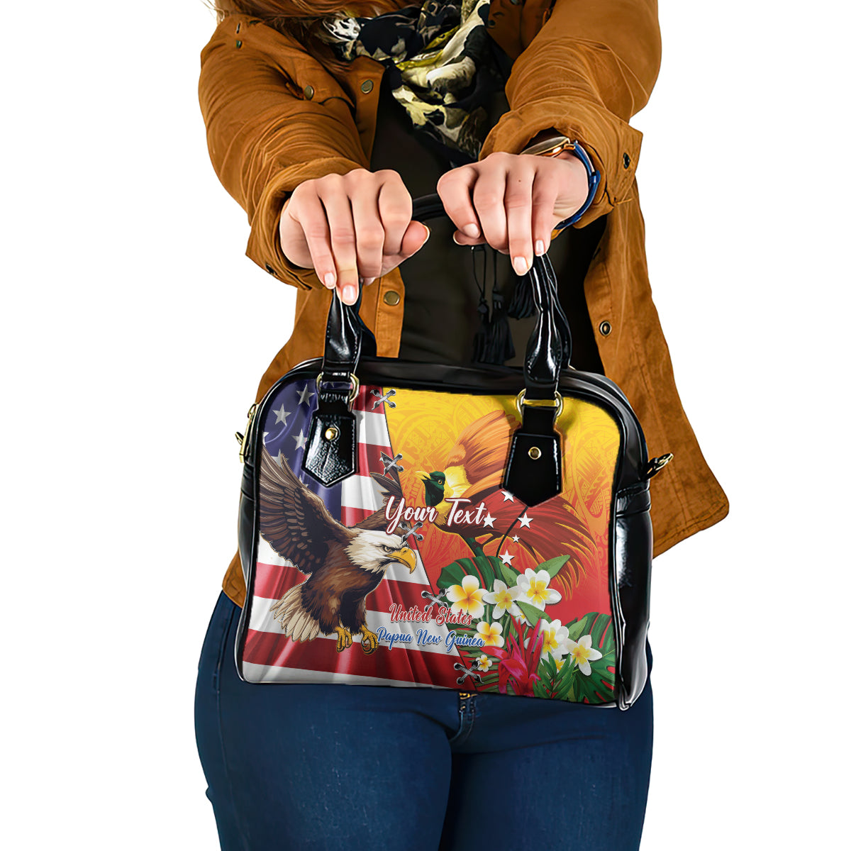 Personalised United States And Papua New Guinea Shoulder Handbag USA Eagle With PNG Bird Of Paradise