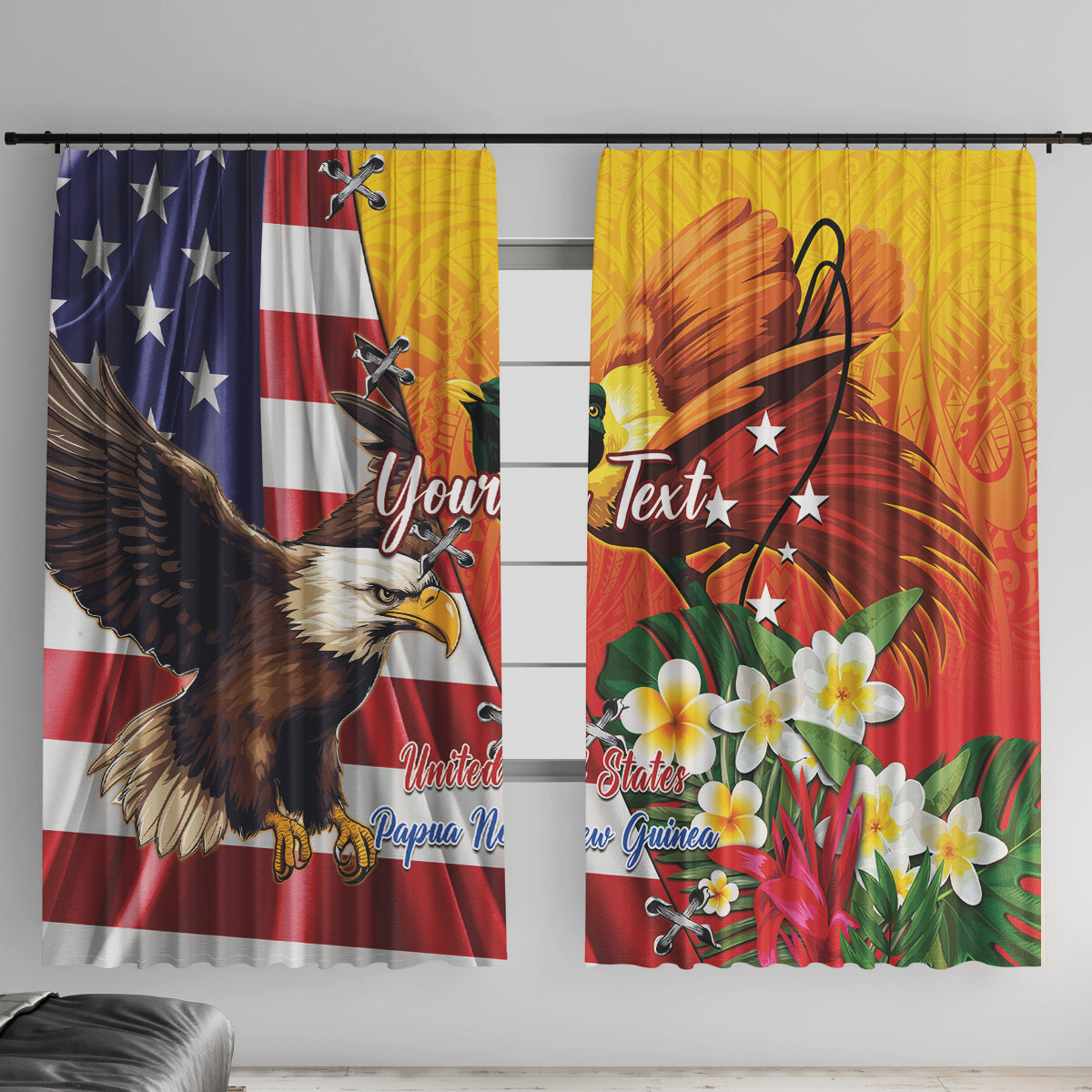 Personalised United States And Papua New Guinea Window Curtain USA Eagle With PNG Bird Of Paradise
