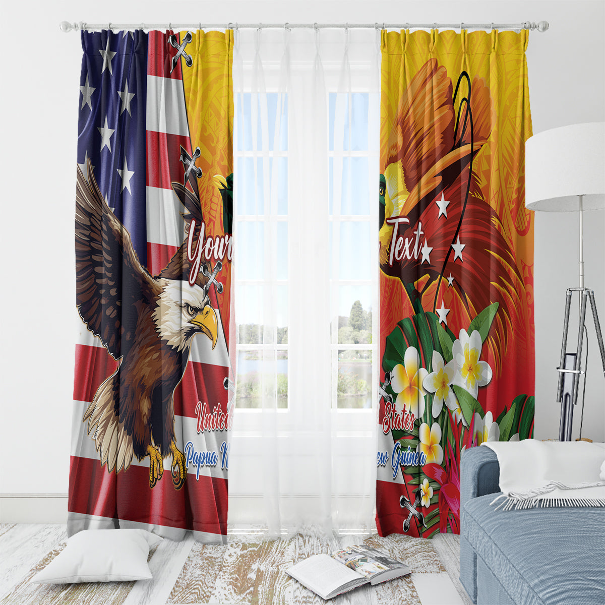 Personalised United States And Papua New Guinea Window Curtain USA Eagle With PNG Bird Of Paradise - Wonder Print Shop