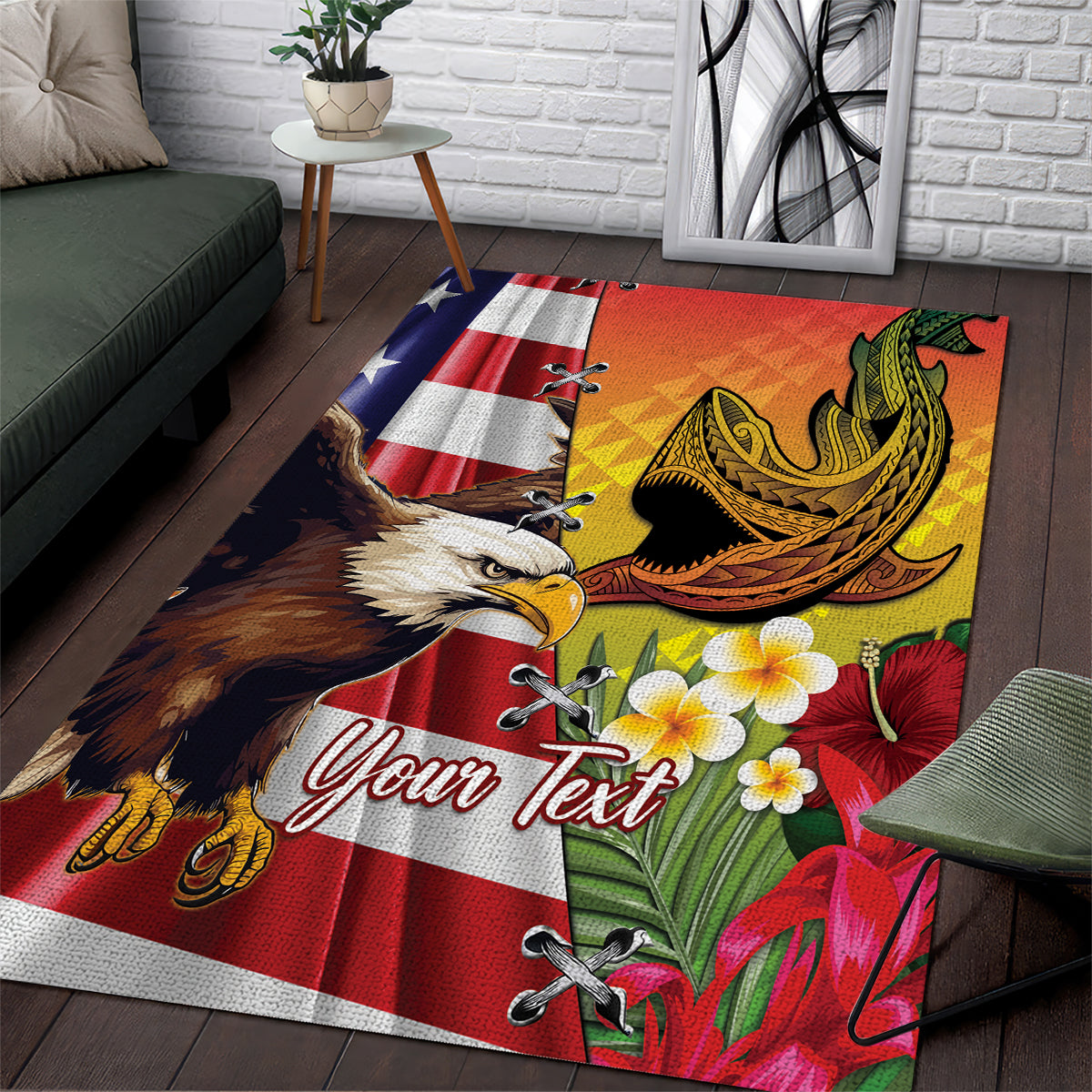 Personalised United States And Hawaii Area Rug USA Eagle With Hawaiian Shark Tattoo - Wonder Print Shop