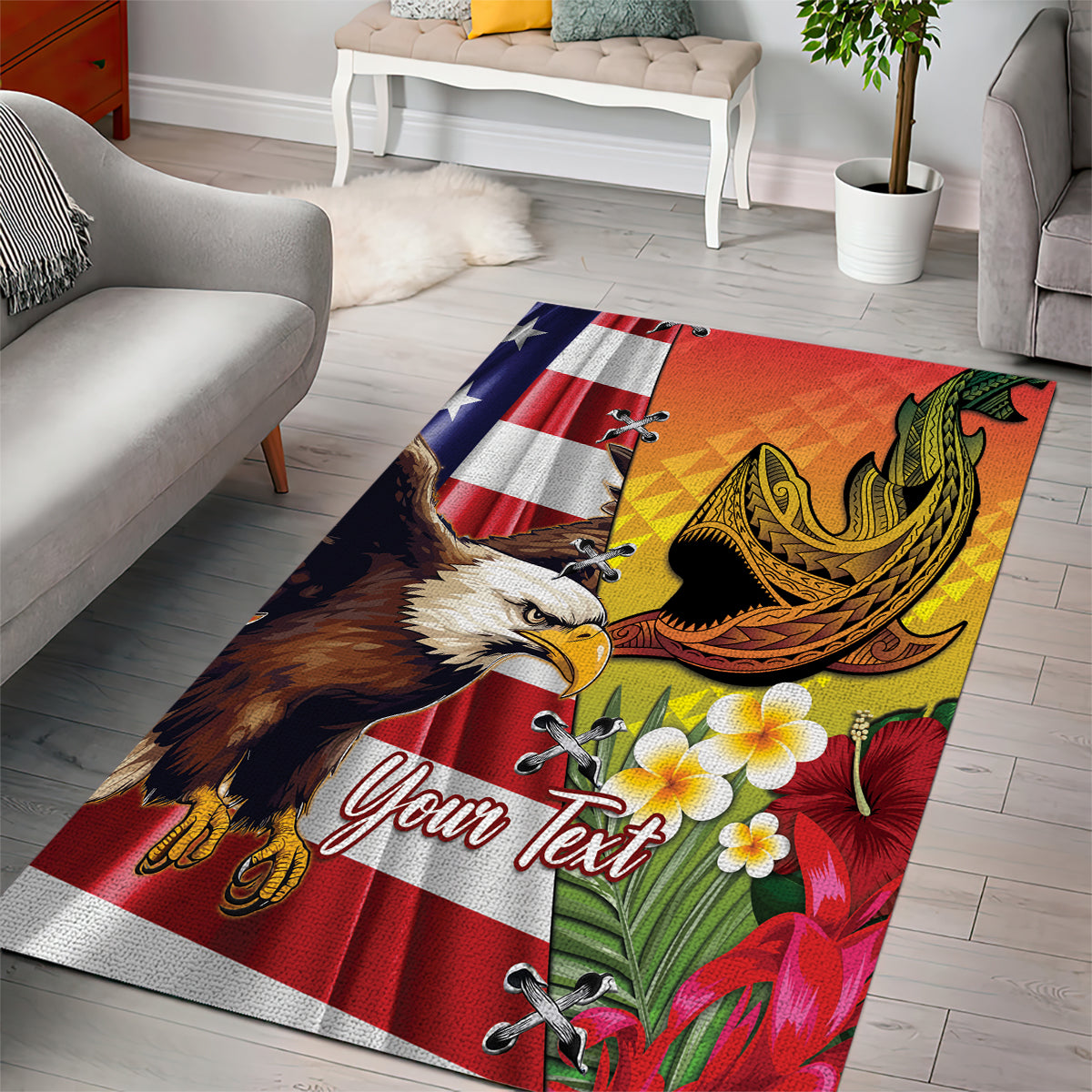 Personalised United States And Hawaii Area Rug USA Eagle With Hawaiian Shark Tattoo - Wonder Print Shop