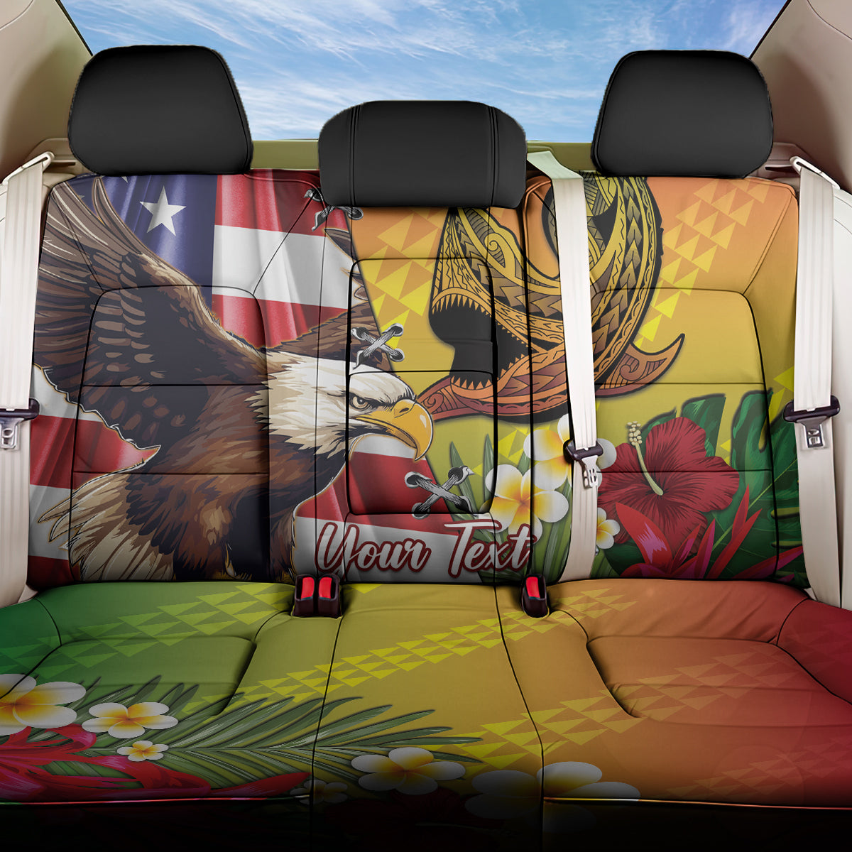 Personalised United States And Hawaii Back Car Seat Cover USA Eagle With Hawaiian Shark Tattoo - Wonder Print Shop