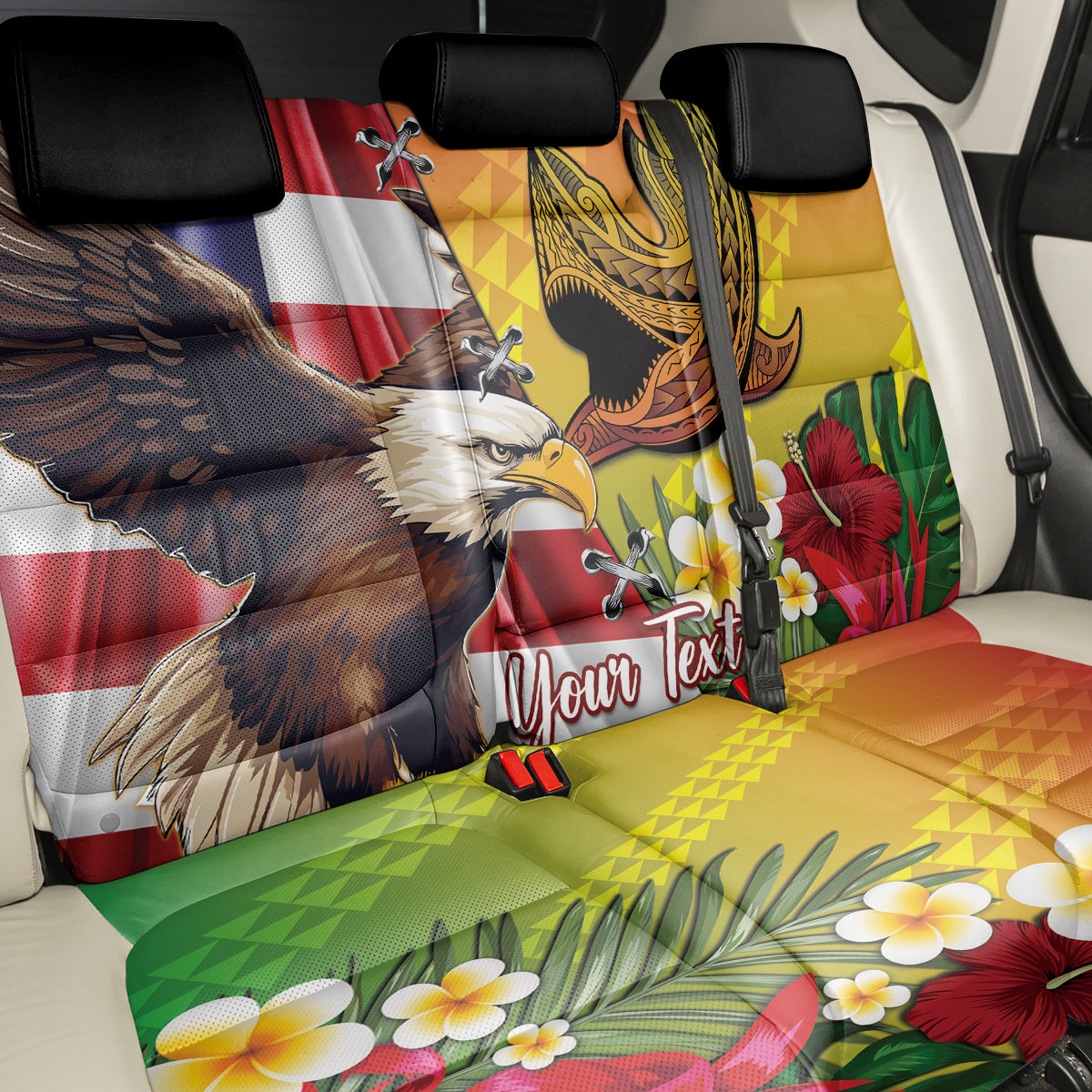 Personalised United States And Hawaii Back Car Seat Cover USA Eagle With Hawaiian Shark Tattoo - Wonder Print Shop
