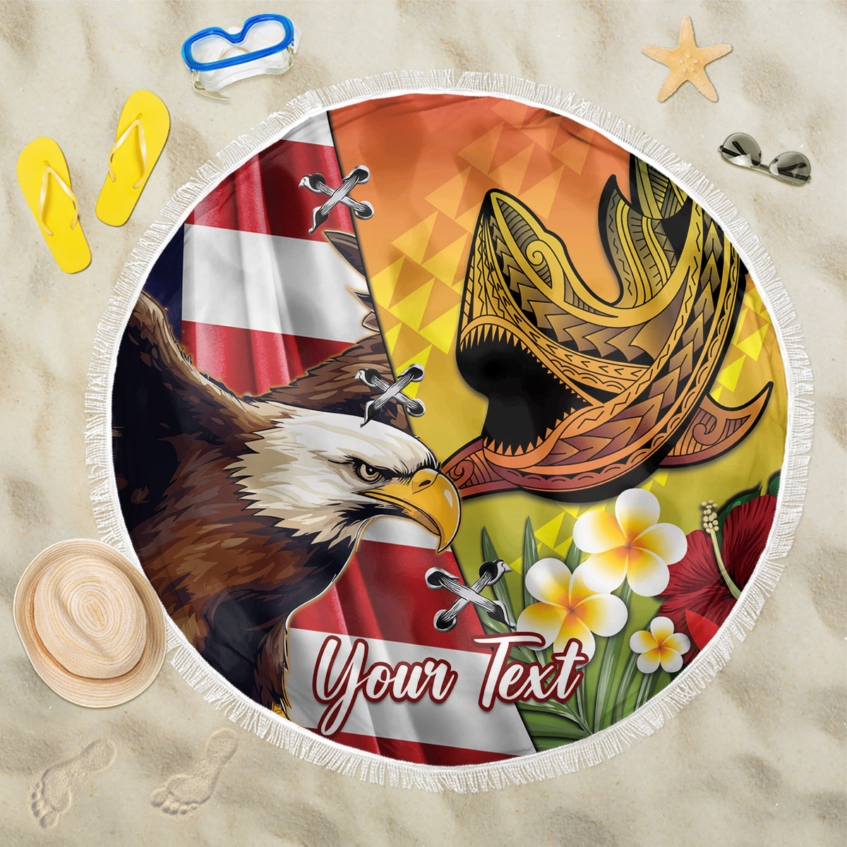 Personalised United States And Hawaii Beach Blanket USA Eagle With Hawaiian Shark Tattoo