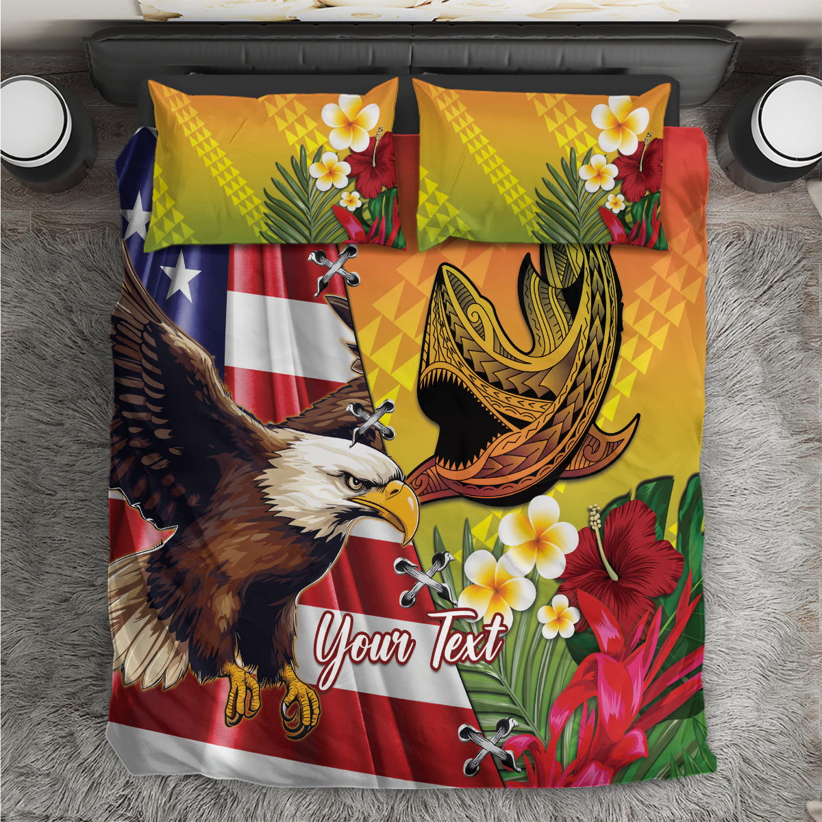Personalised United States And Hawaii Bedding Set USA Eagle With Hawaiian Shark Tattoo - Wonder Print Shop