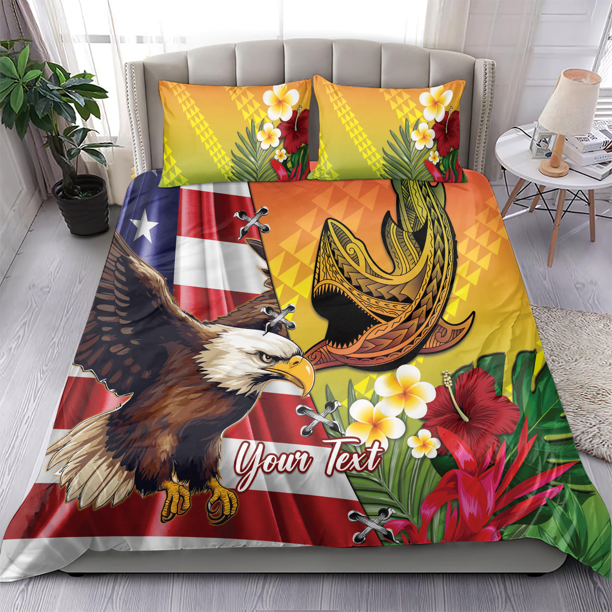 Personalised United States And Hawaii Bedding Set USA Eagle With Hawaiian Shark Tattoo - Wonder Print Shop