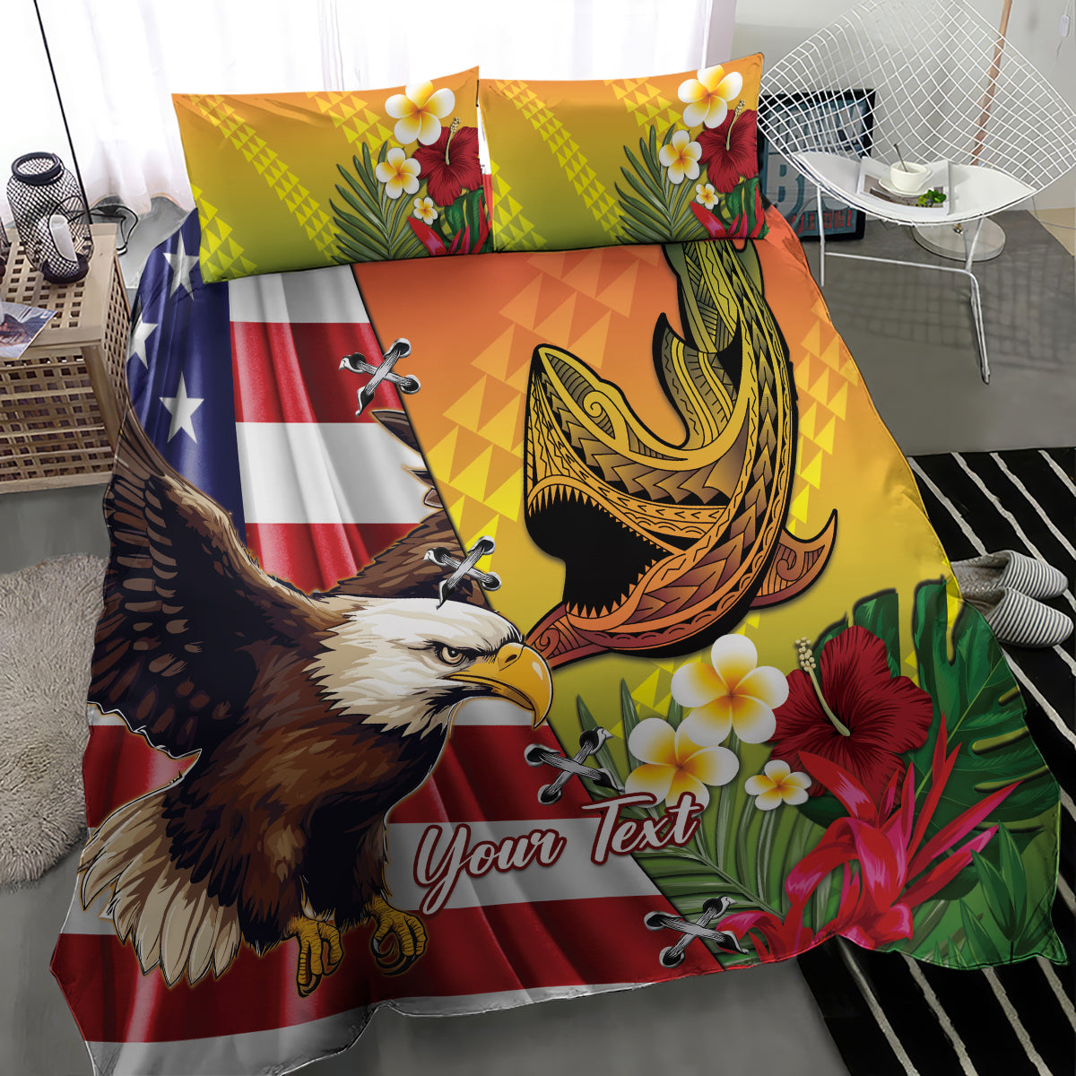 Personalised United States And Hawaii Bedding Set USA Eagle With Hawaiian Shark Tattoo - Wonder Print Shop