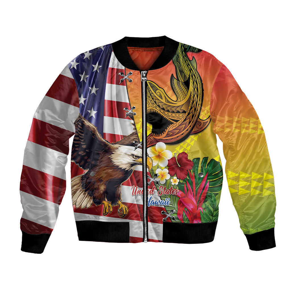Personalised United States And Hawaii Bomber Jacket USA Eagle With Hawaiian Shark Tattoo - Wonder Print Shop