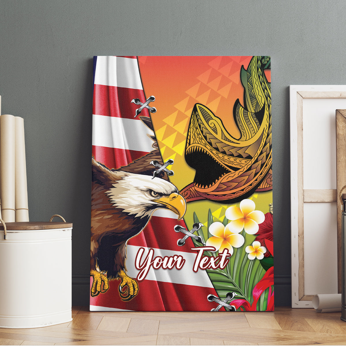 Personalised United States And Hawaii Canvas Wall Art USA Eagle With Hawaiian Shark Tattoo - Wonder Print Shop