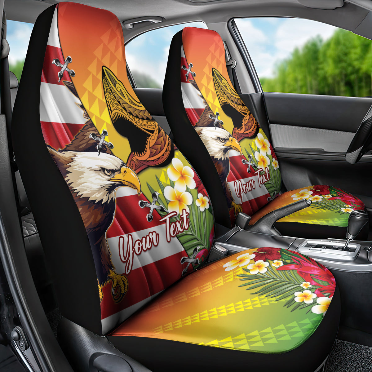 Personalised United States And Hawaii Car Seat Cover USA Eagle With Hawaiian Shark Tattoo - Wonder Print Shop
