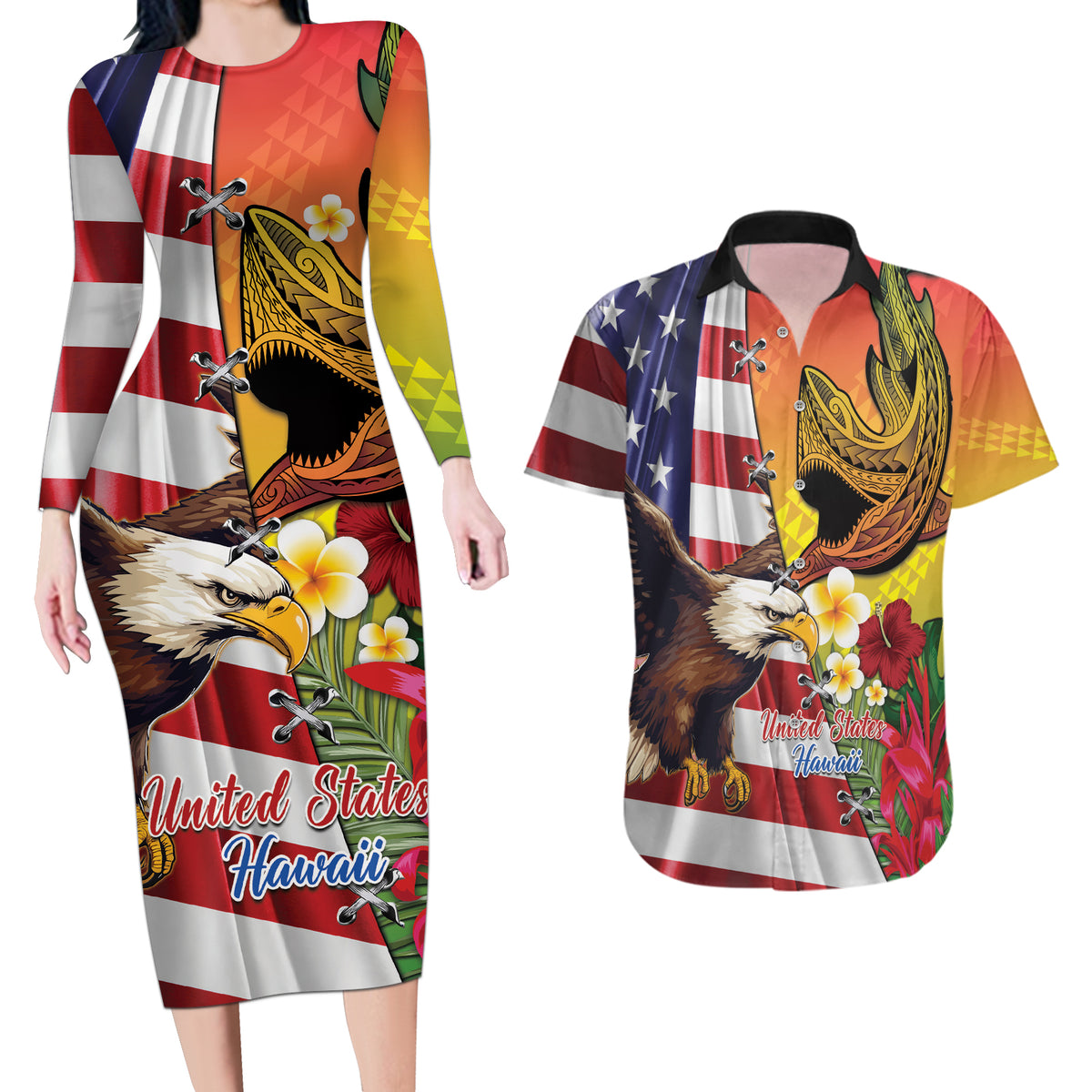 Personalised United States And Hawaii Couples Matching Long Sleeve Bodycon Dress and Hawaiian Shirt USA Eagle With Hawaiian Shark Tattoo - Wonder Print Shop