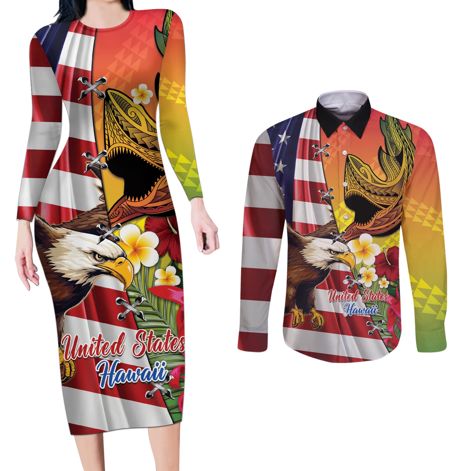 Personalised United States And Hawaii Couples Matching Long Sleeve Bodycon Dress and Long Sleeve Button Shirt USA Eagle With Hawaiian Shark Tattoo - Wonder Print Shop