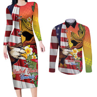 Personalised United States And Hawaii Couples Matching Long Sleeve Bodycon Dress and Long Sleeve Button Shirt USA Eagle With Hawaiian Shark Tattoo - Wonder Print Shop