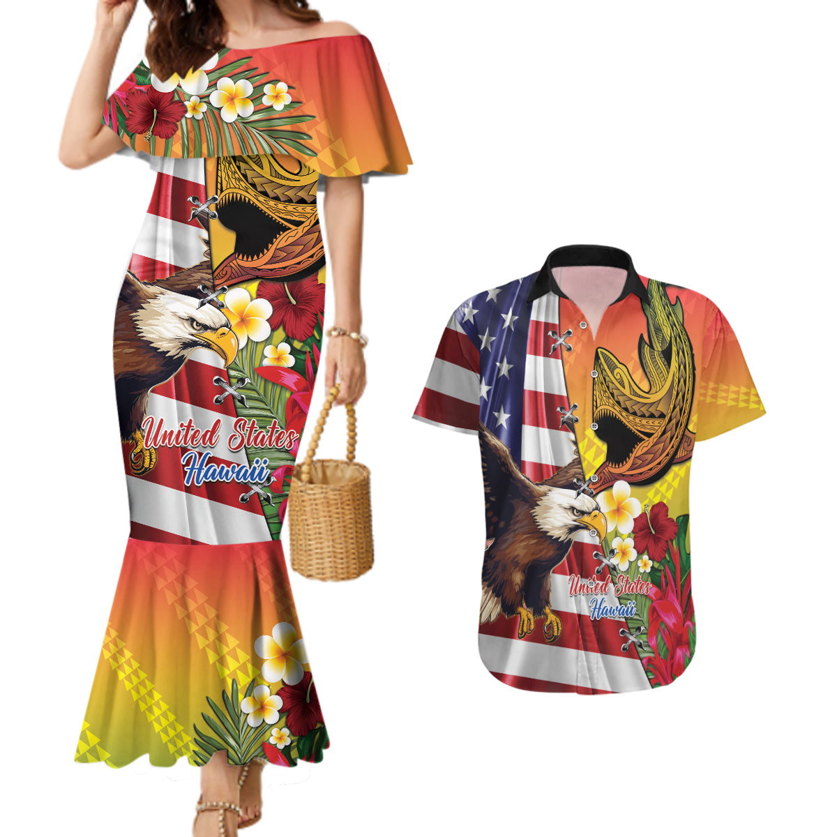 Personalised United States And Hawaii Couples Matching Mermaid Dress and Hawaiian Shirt USA Eagle With Hawaiian Shark Tattoo - Wonder Print Shop