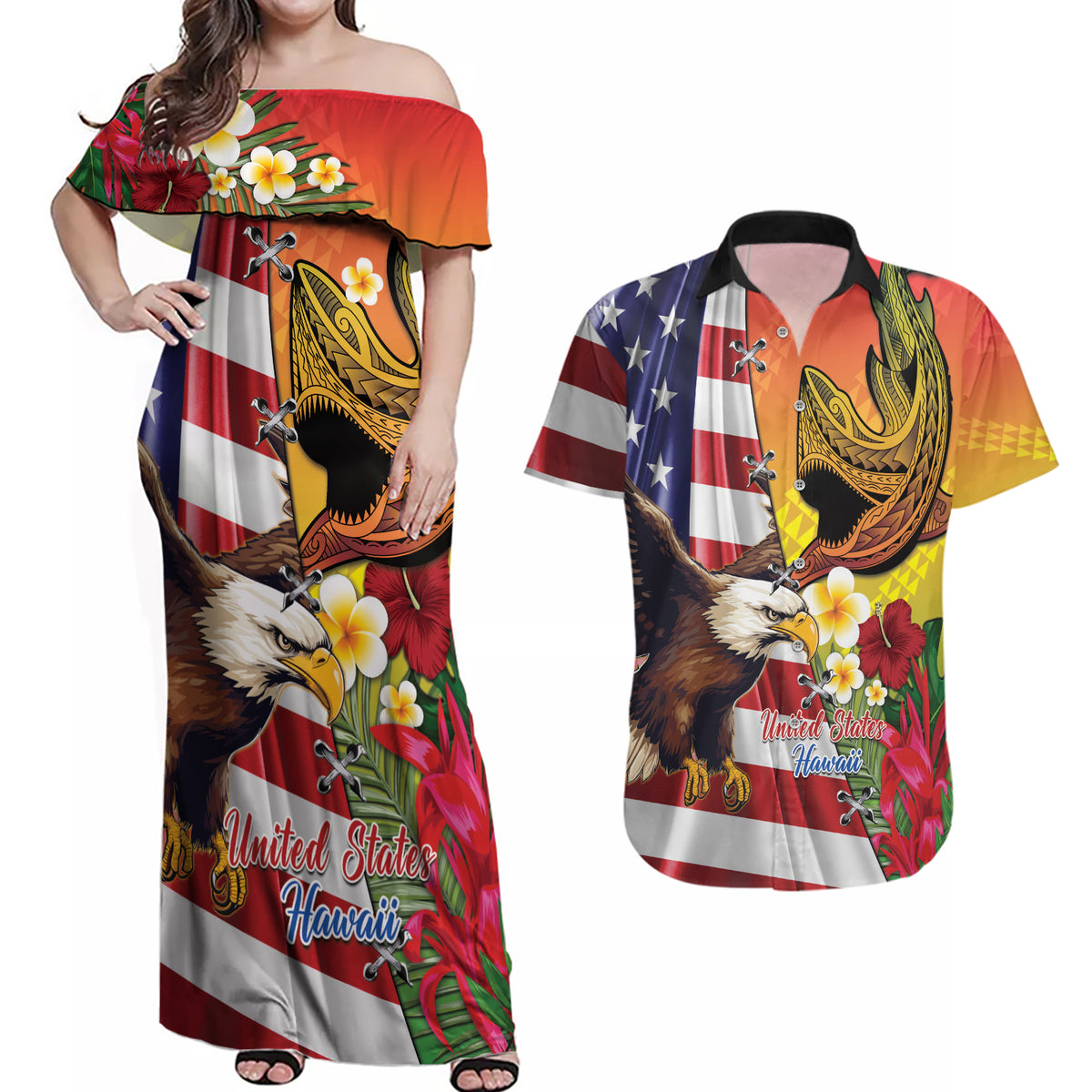 Personalised United States And Hawaii Couples Matching Off Shoulder Maxi Dress and Hawaiian Shirt USA Eagle With Hawaiian Shark Tattoo - Wonder Print Shop