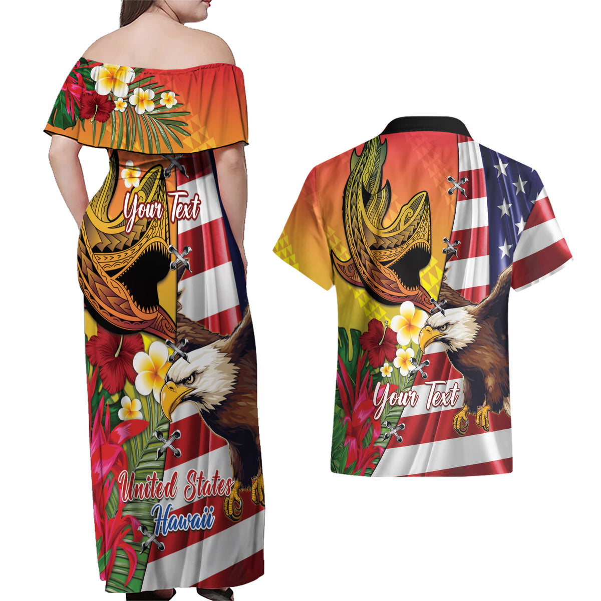 Personalised United States And Hawaii Couples Matching Off Shoulder Maxi Dress and Hawaiian Shirt USA Eagle With Hawaiian Shark Tattoo - Wonder Print Shop