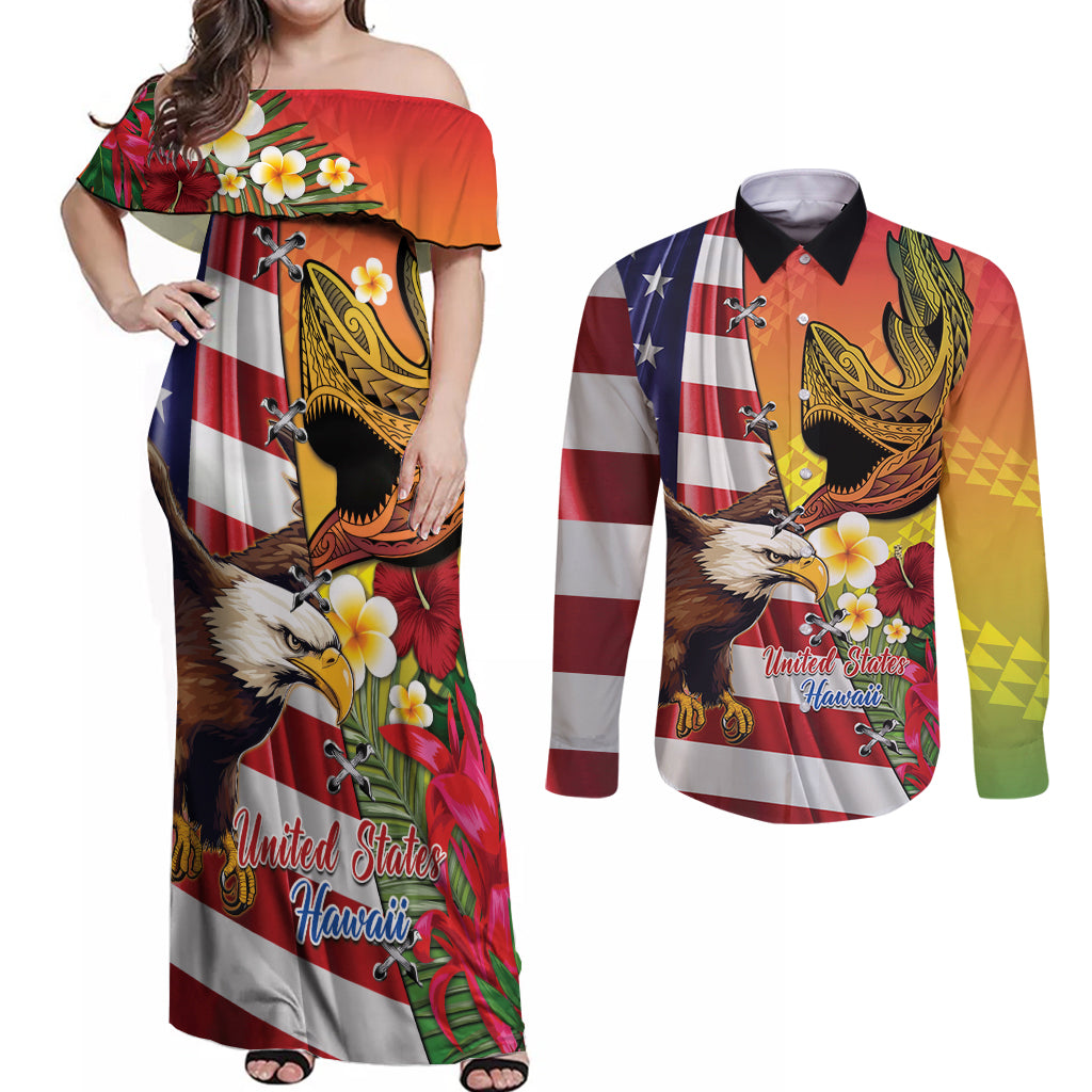 Personalised United States And Hawaii Couples Matching Off Shoulder Maxi Dress and Long Sleeve Button Shirt USA Eagle With Hawaiian Shark Tattoo - Wonder Print Shop