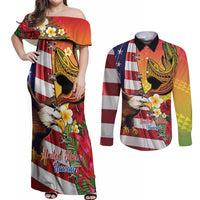 Personalised United States And Hawaii Couples Matching Off Shoulder Maxi Dress and Long Sleeve Button Shirt USA Eagle With Hawaiian Shark Tattoo - Wonder Print Shop
