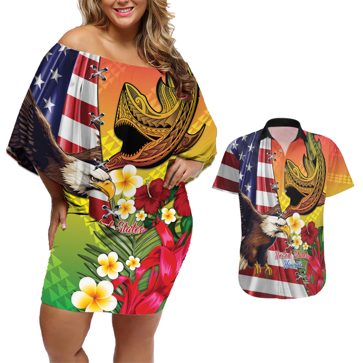 Personalised United States And Hawaii Couples Matching Off Shoulder Short Dress and Hawaiian Shirt USA Eagle With Hawaiian Shark Tattoo - Wonder Print Shop