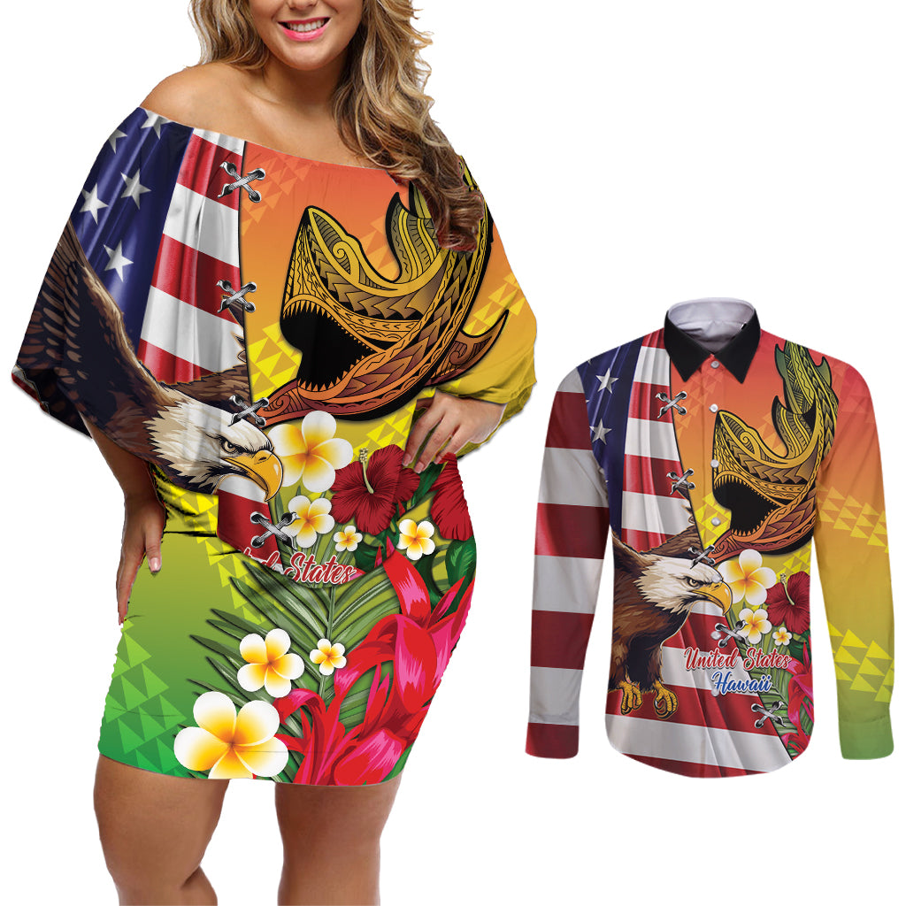Personalised United States And Hawaii Couples Matching Off Shoulder Short Dress and Long Sleeve Button Shirt USA Eagle With Hawaiian Shark Tattoo - Wonder Print Shop