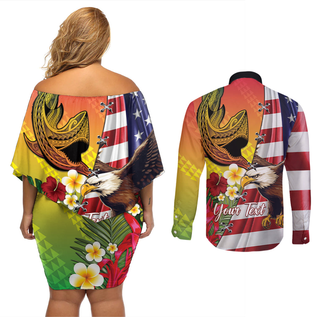 Personalised United States And Hawaii Couples Matching Off Shoulder Short Dress and Long Sleeve Button Shirt USA Eagle With Hawaiian Shark Tattoo - Wonder Print Shop