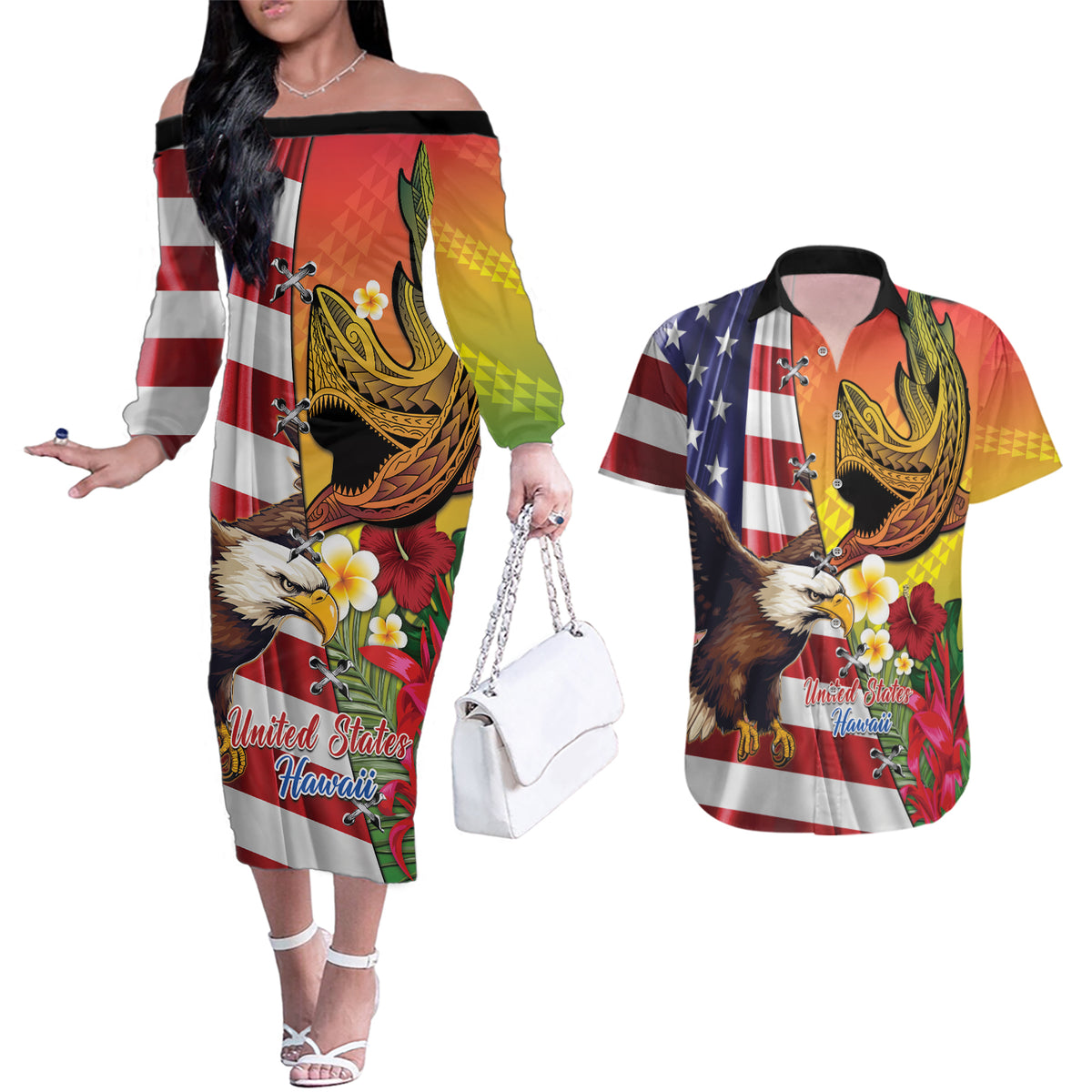 Personalised United States And Hawaii Couples Matching Off The Shoulder Long Sleeve Dress and Hawaiian Shirt USA Eagle With Hawaiian Shark Tattoo - Wonder Print Shop