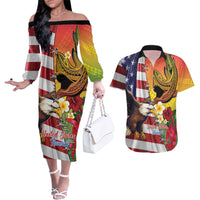 Personalised United States And Hawaii Couples Matching Off The Shoulder Long Sleeve Dress and Hawaiian Shirt USA Eagle With Hawaiian Shark Tattoo - Wonder Print Shop