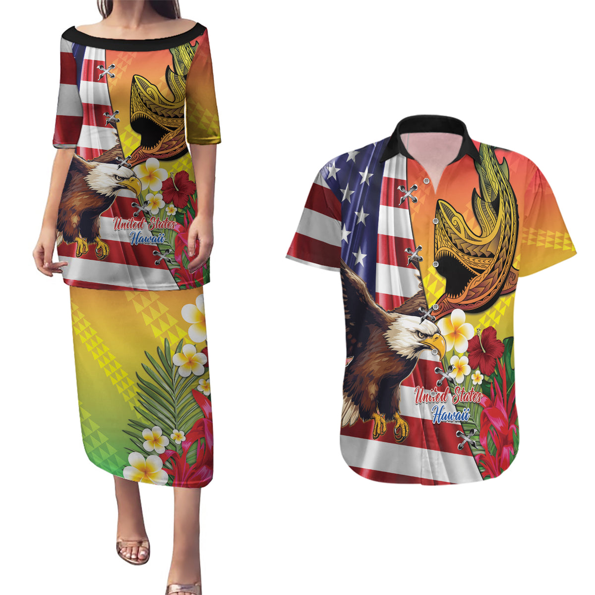 Personalised United States And Hawaii Couples Matching Puletasi and Hawaiian Shirt USA Eagle With Hawaiian Shark Tattoo - Wonder Print Shop