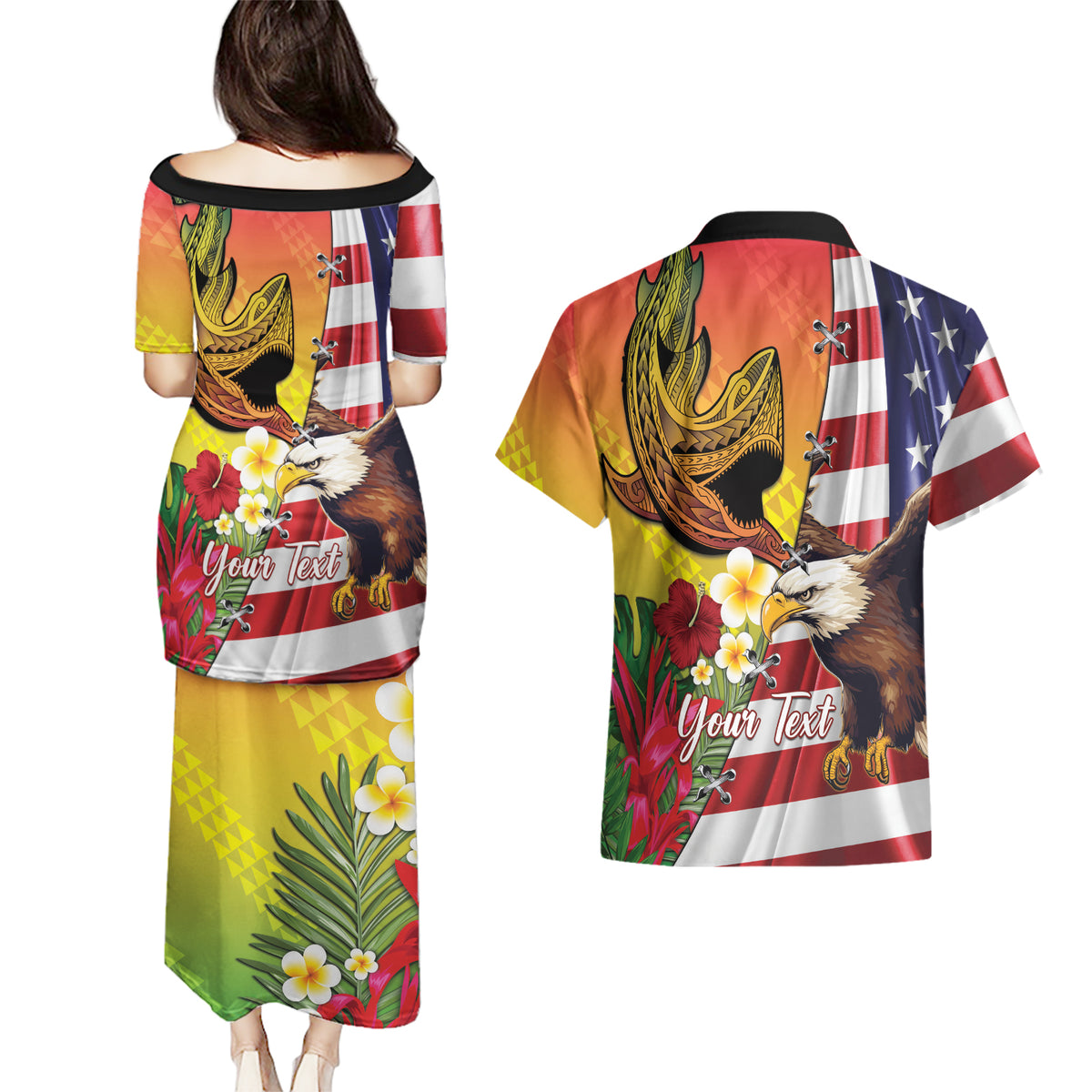 Personalised United States And Hawaii Couples Matching Puletasi and Hawaiian Shirt USA Eagle With Hawaiian Shark Tattoo - Wonder Print Shop